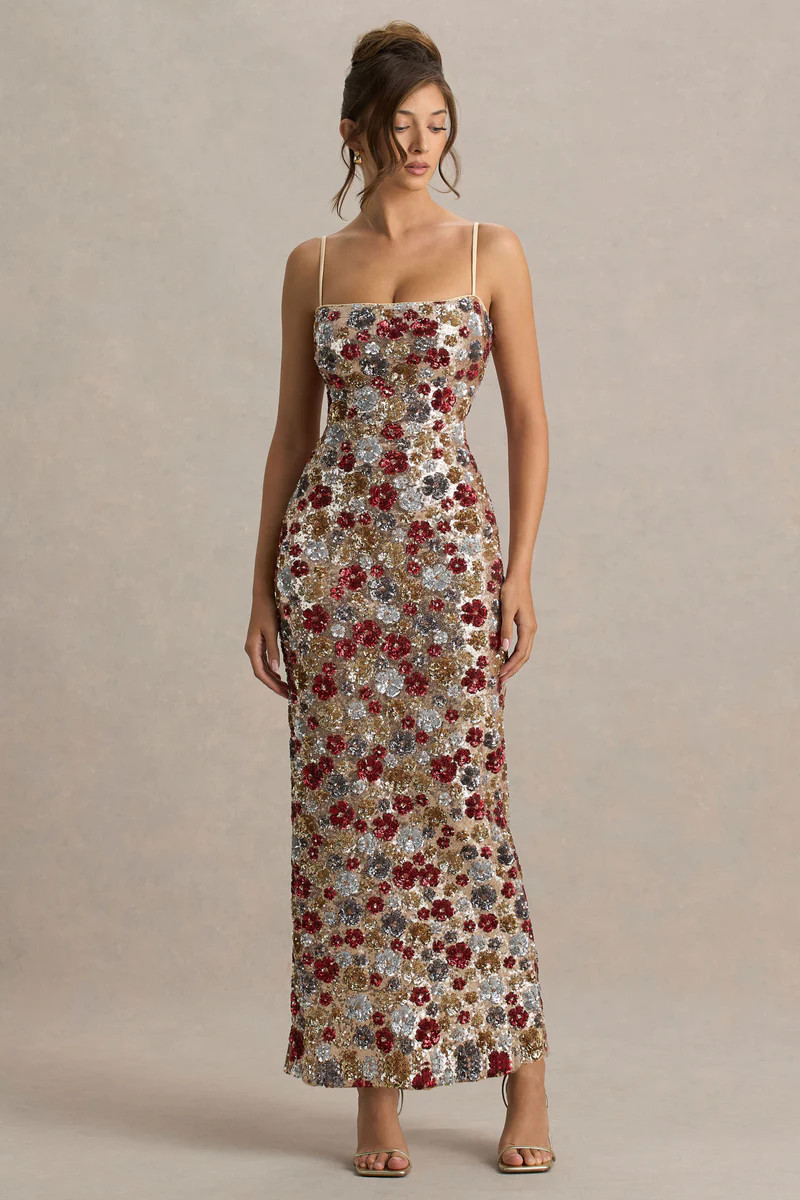 Vitora | Red Floral Sequin Square-Neck Maxi Dress | Club L London