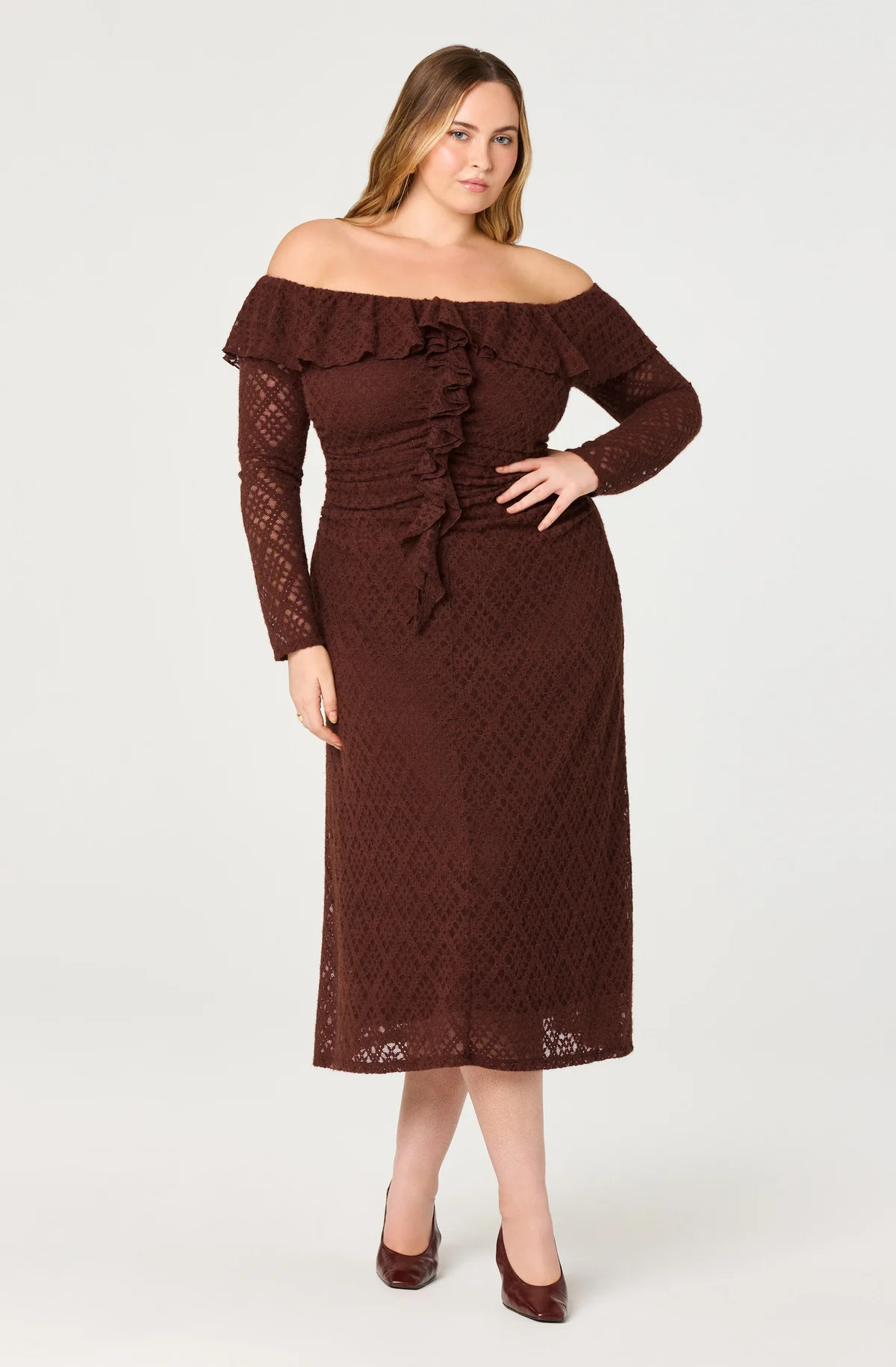 Dorian Ruffle Off Shoulder Dress - Plus Size - Brown / 1X | ASTR The Label (US)