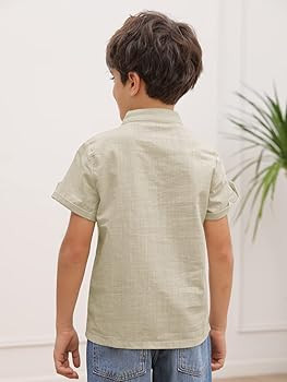 Boys Short Sleeve Henley Shirt Button Up Linen Cotton Dress Shirts Tees Tops with One Pocket | Amazon (US)