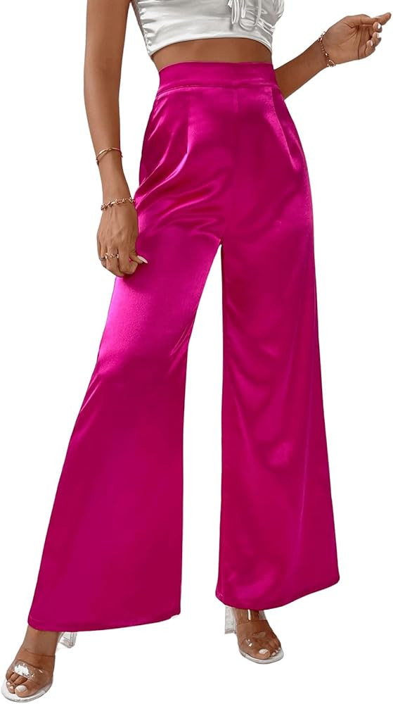 WDIRARA Women's Wide Leg High Waisted Zip Fly Flowy Loose Pants Elegant Party Pants | Amazon (US)