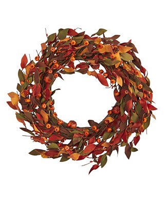 Nearly Natural Harvest Leaf and Mini Pumpkin Artificial Wreath - Macy's | Macy's