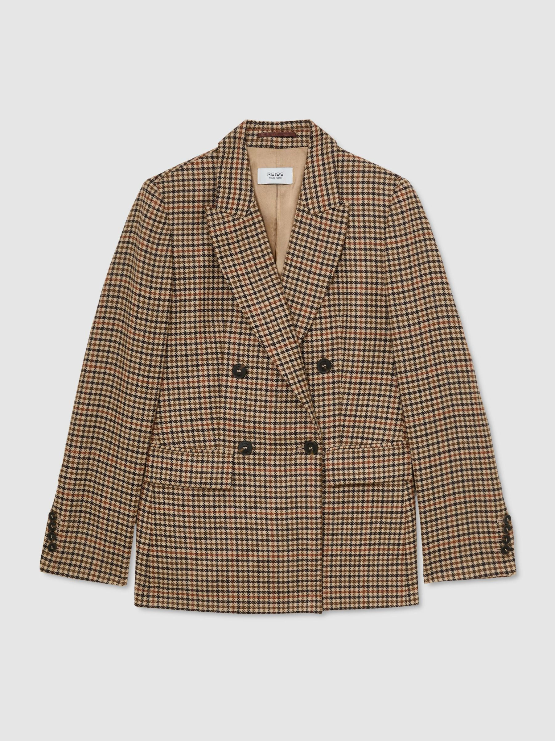 Reiss Wool Houndstooth-Check Double-Breasted Blazer in Neutral Check - REISS | Reiss UK