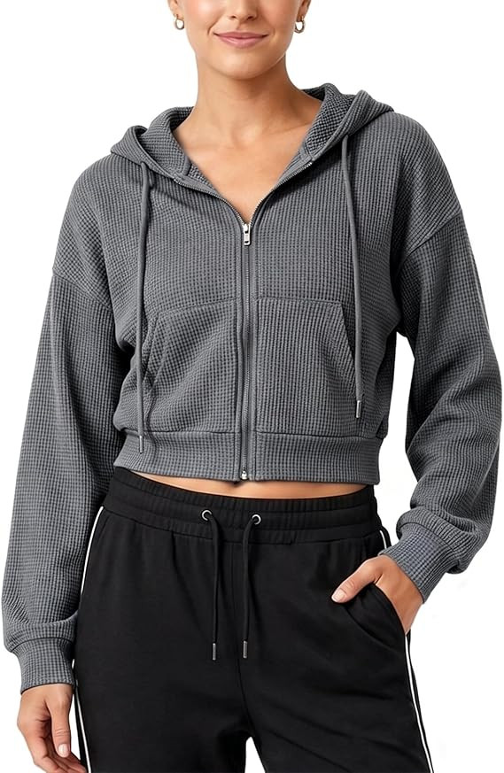 Yimoon Cropped Hoodie Women Zip Up Crop Hoodie Waffle Knit Sweatshirt Jackets | Amazon (US)