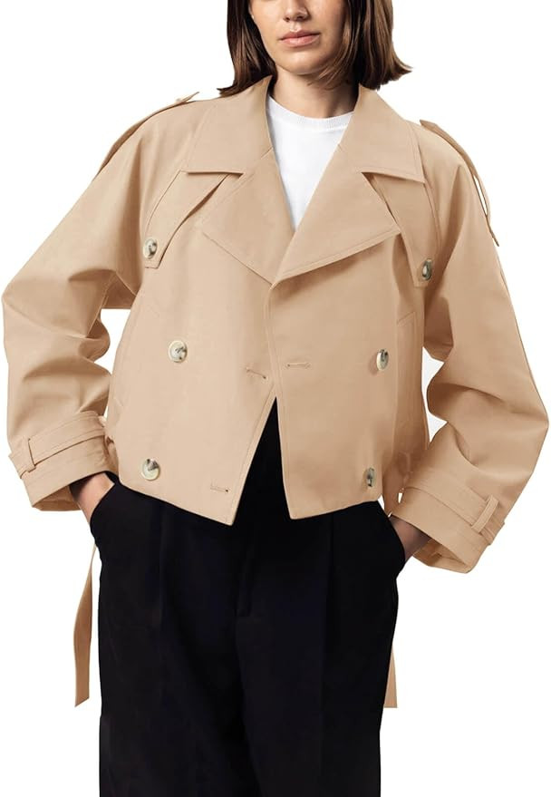 Imily Bela Womens Lapel Trench Coat Double Breasted Cropped Jacket Casual Outwear with Belt | Amazon (US)