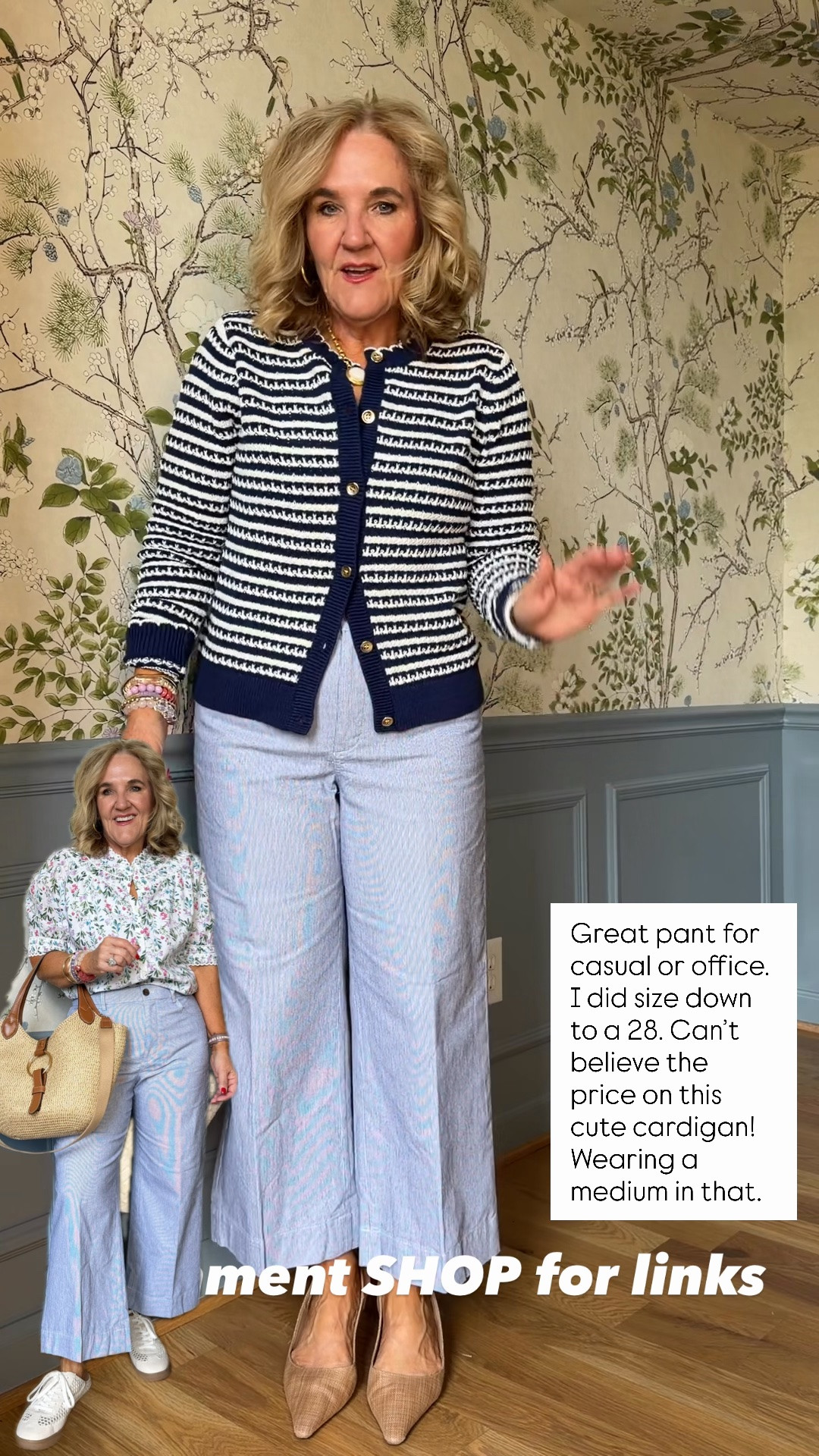 Blue stripe pants 28 reg 
Blouses and sweaters medium 
Lightweight jeans 29 reg run small so size up if inbetween 
Every jeans size 28
Black gauze 8/med petite 
Skirt size medium

#LTKSaleAlert #LTKOver40 #LTKPetite