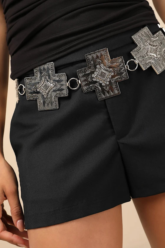 Willene Silver Etched Cross Concho Belt | Lulus