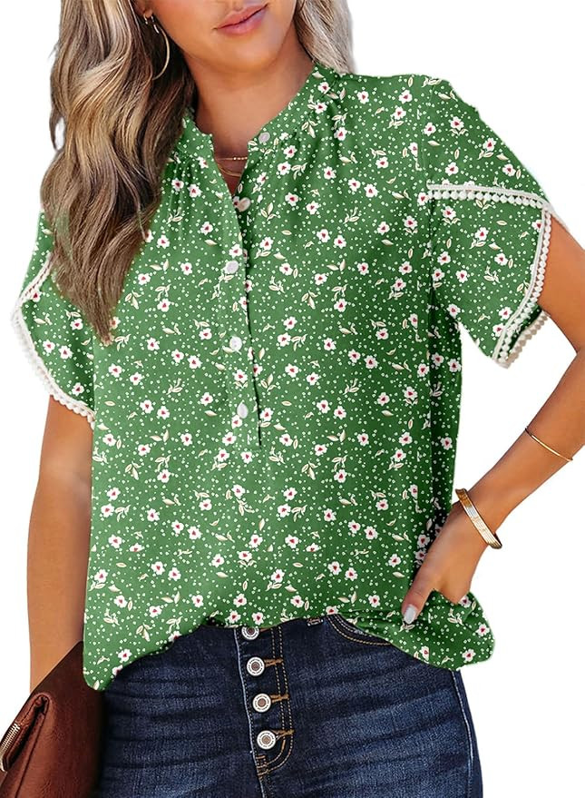 Dokotoo Womens Tops Summer Casual Boho Floral Print Short Sleeve Half Button Down V Neck Chiffon ... | Amazon (US)