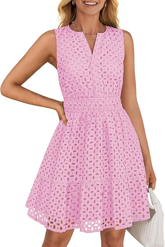 ZESICA Women's Summer Sleeveless Mini Dress V Neck Hollow Out Eyelet High Waist A Line Swing Shor... | Amazon (US)