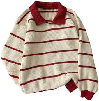 MakeMeChic Women's Striped Sweater Collared Long Sleeve Knit Preppy Pullover Tops | Amazon (US)