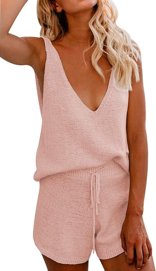 Women's Lounge Sets Knit 2 Piece Outfits Tank Tops and Shorts Loungewear | Amazon (US)