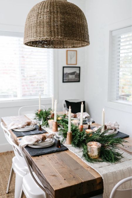 Christmas centerpiece idea!
Garland, candleholders, holiday decor, farmhouse dining table