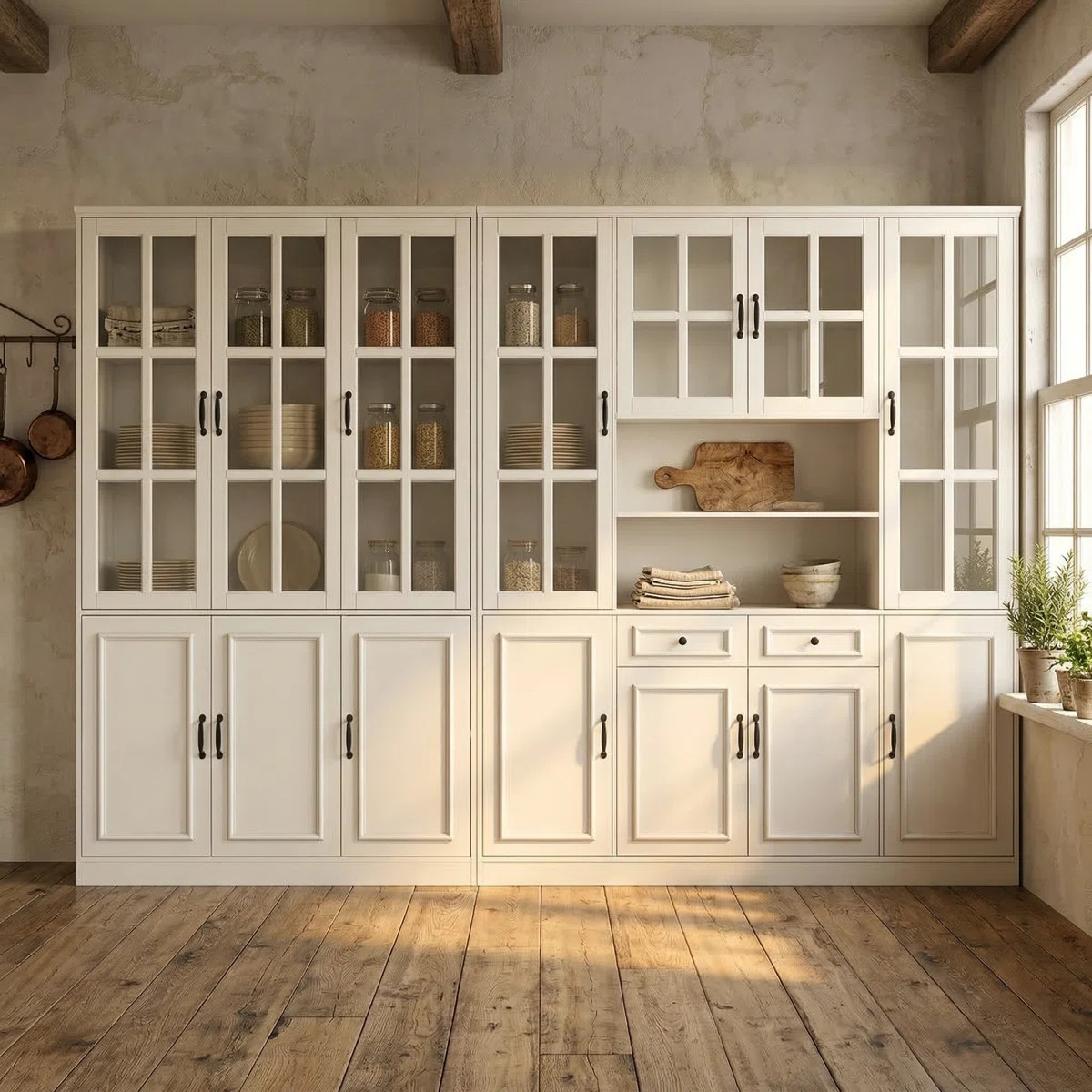Brampt 78.7" H Multi-Section Pantry Cabinet with Glass Display Doors, Drawers & Closed Storage ... | Wayfair North America
