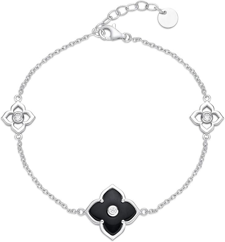 Black Onyx and Cubic Zirconia Flower Bracelet for Women in Sterling Silver with Rhodium Plating 7... | Amazon (US)