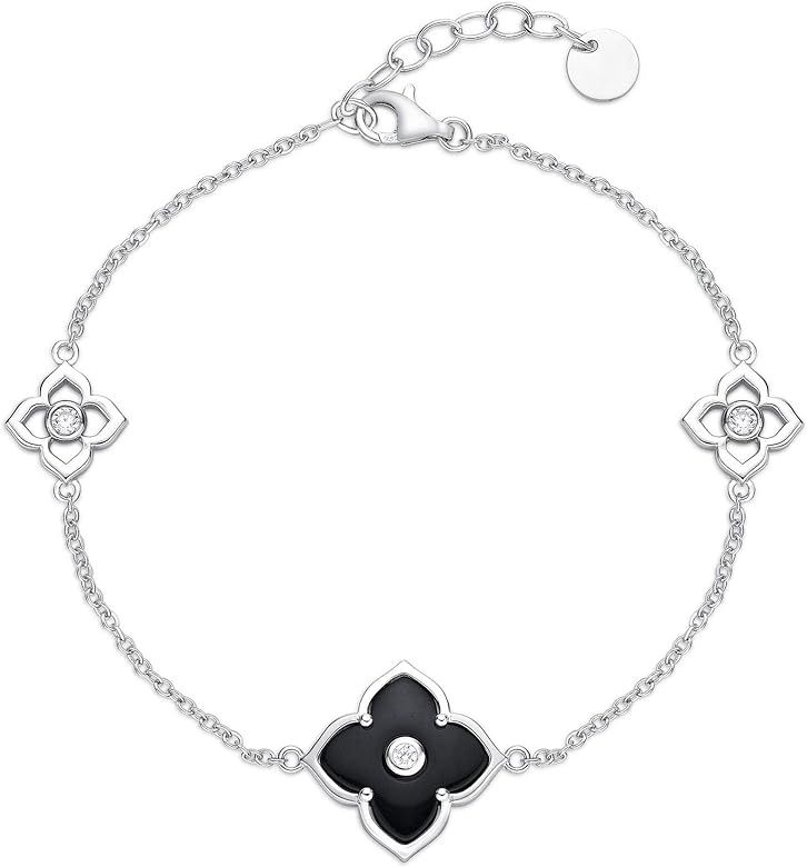 Black Onyx and Cubic Zirconia Flower Bracelet for Women in Sterling Silver with Rhodium Plating 7... | Amazon (US)