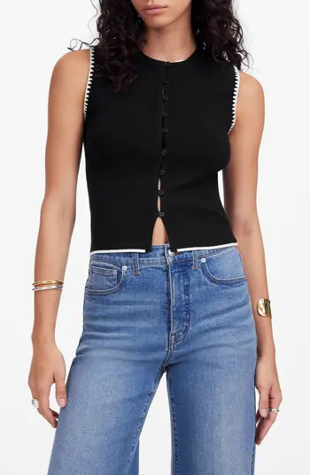 Madewell Blanket Stitch Crewneck Sweater Tank Top in Black/Ivory Whipstitch at Nordstrom Rack, Size Small | Nordstrom Rack