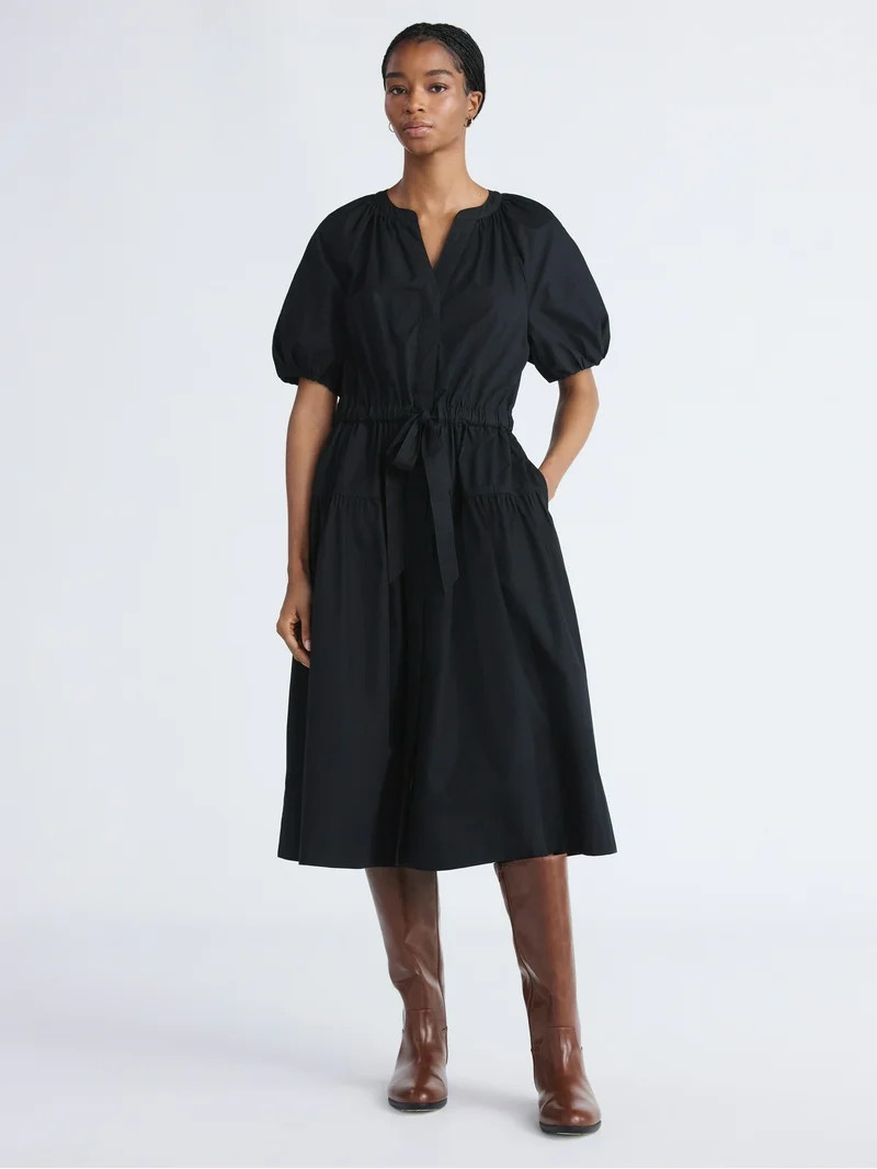 Free Assembly Women's and Women's Plus Cotton Midi Dress with Puff Sleeves, Sizes XS-4X | Walmart (US)