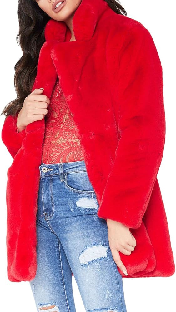 Remelon Womens Long Sleeve Winter Warm Lapel Fox Faux Fur Coat Jacket Overcoat Outwear with Pockets | Amazon (US)
