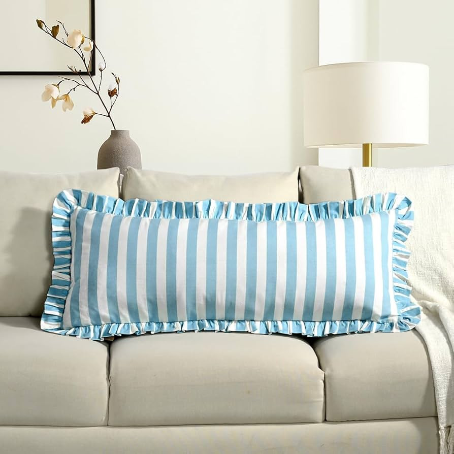CPC Blue Striped Hand Block Print Cotton Ruffle Decorative Sham Covers with Hidden Zipper 36" x 1... | Amazon (US)