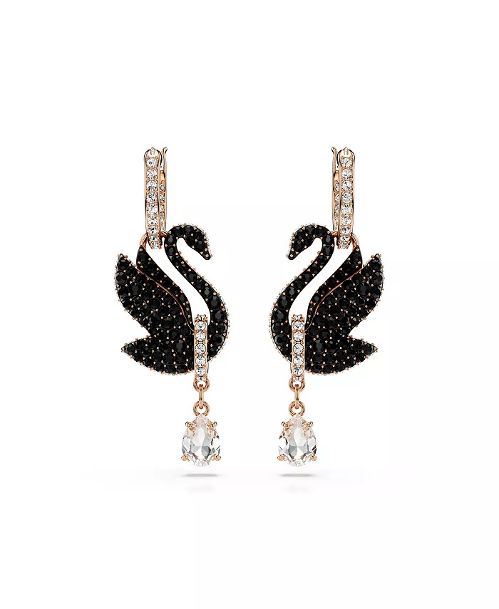 Swarovski Swan, Black, Rose Gold-Tone Iconic Swan Drop Earrings - Macy's | Macy's