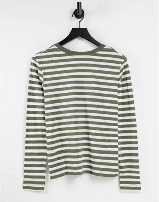 Selected Femme organic cotton t-shirt with long sleeves in khaki stripe | ASOS (Global)