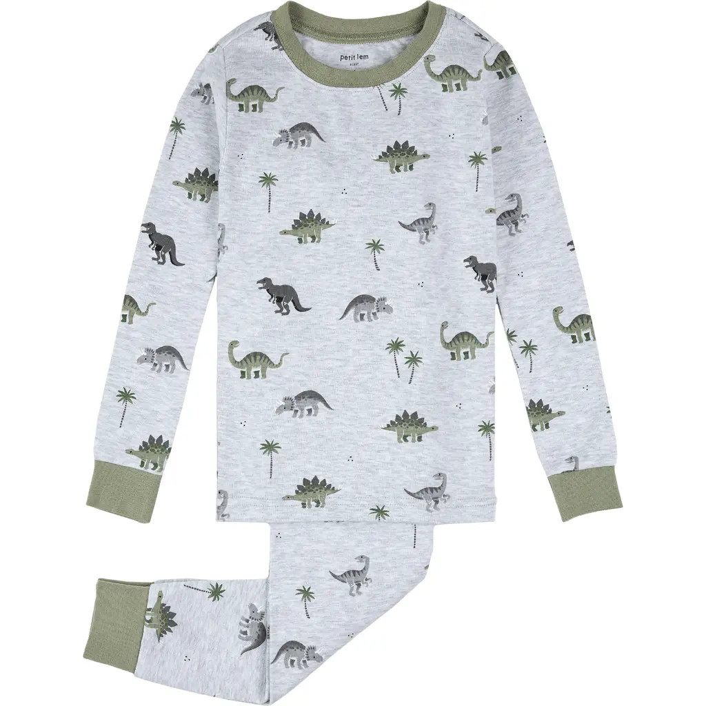 Petit Lem Kids' Dino Print Fitted Two-Piece Organic Cotton Rib Pajamas in Light Heather Grey at Nordstrom Rack, Size 7 | Nordstrom Rack