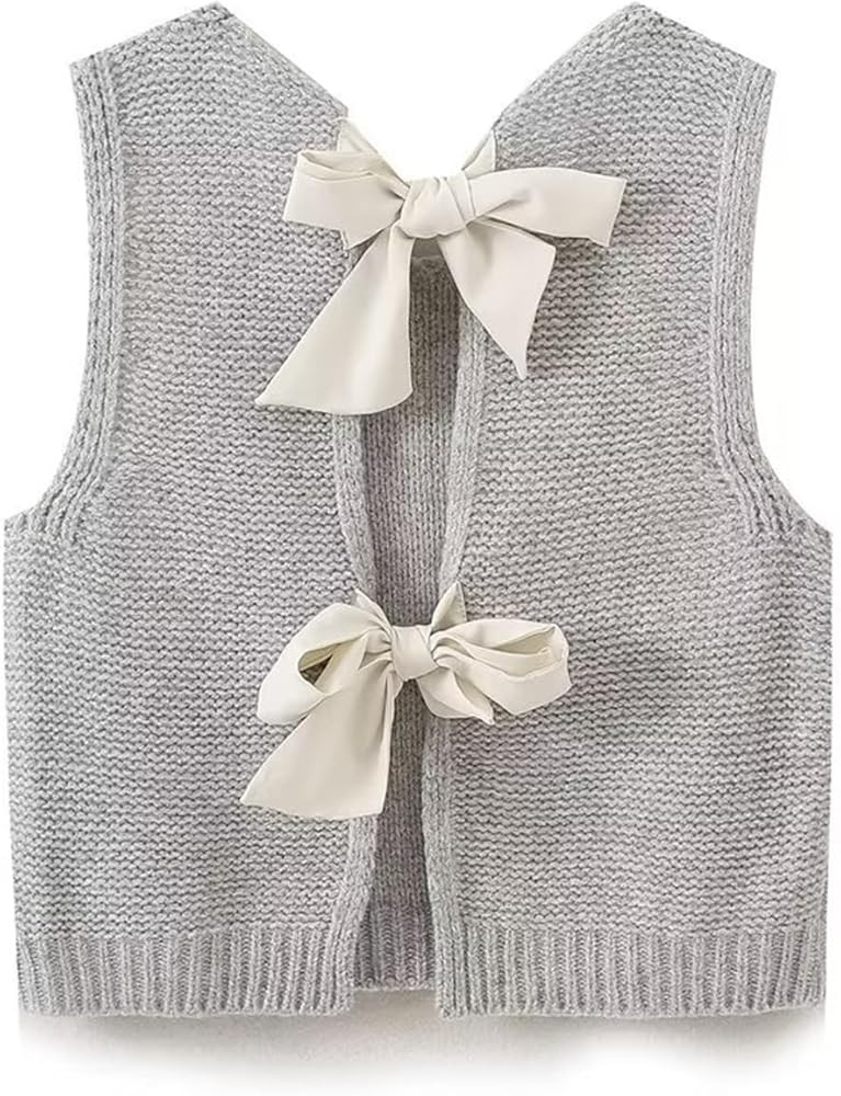 FOMOYUU Bow Tie Back Sweater Vest for Women Y2K Casual Sleeveless Knit Tank Top Cropped Cardigan ... | Amazon (US)