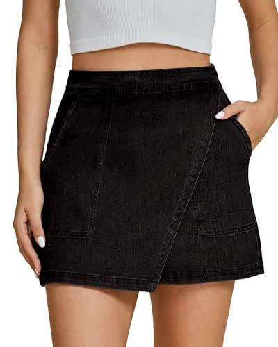 Luvamia Jean Mini Wrap Skirt - Casual Women's Denim Skirt in Stretch Fabric, Washed Black, Size 12-14 | Amazon (US)