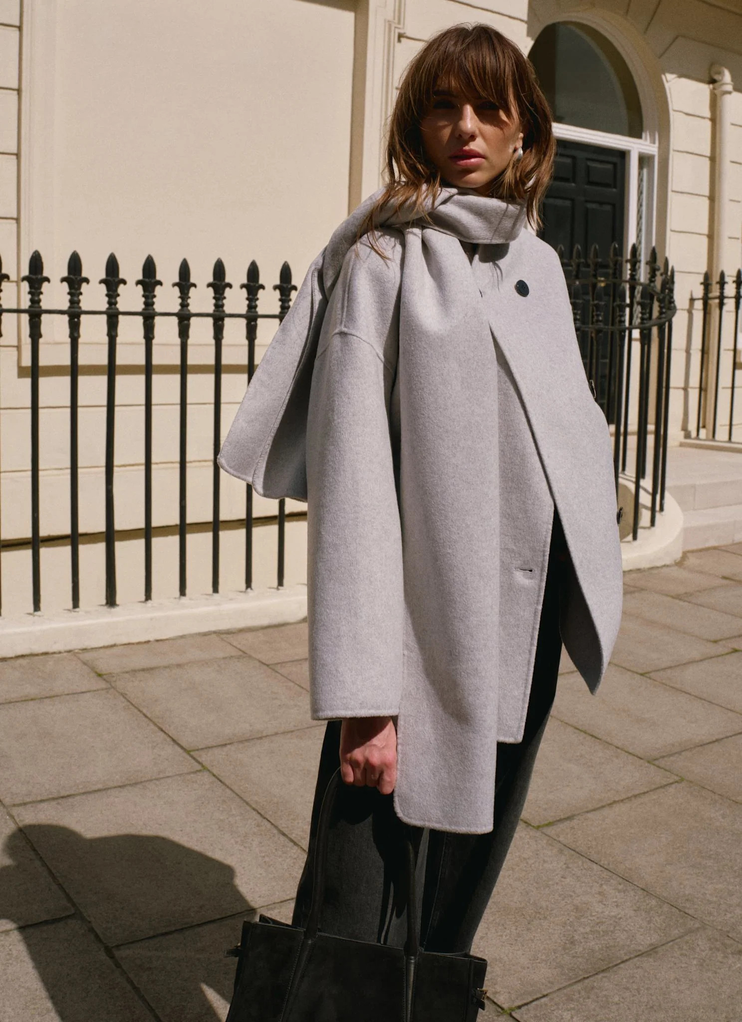 Light Grey Wool Blend Hand Finished Scarf Detail Coat | Mint Velvet