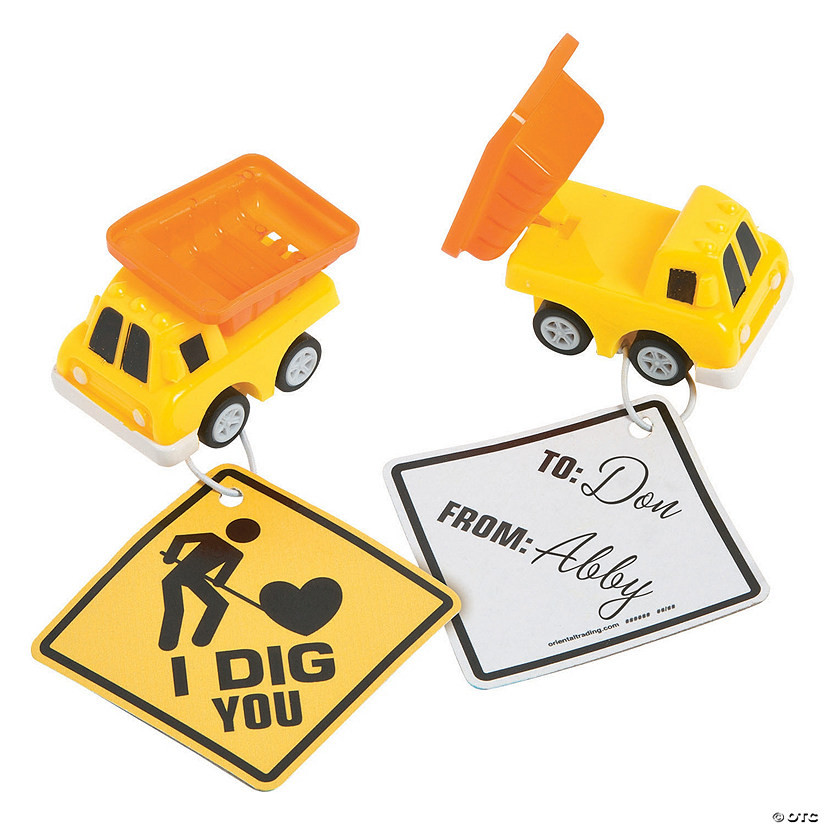 2" x 1 1/2" Mini Dump Truck Valentine Exchanges with Card for 12 | Oriental Trading Company