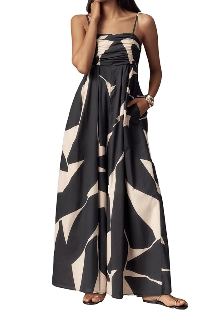 Spaghetti Strap Boho Wide Leg Jumpsuits for Women Summer Casual Sleeveless Long Rompers Trendy On... | Amazon (US)