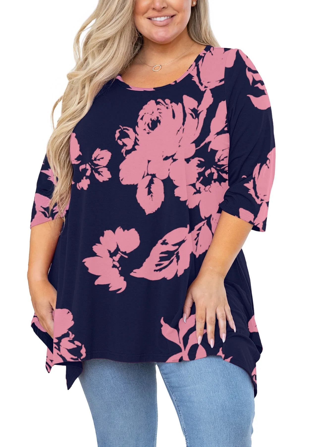 SHOWMALL Plus Size Women Top 3/4 Sleeve Clothes Shadow Rose 2X Blouse Swing Tunic Crewneck Loose ... | Walmart (US)