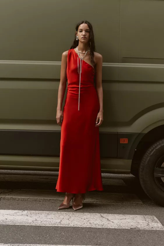 ASYMMETRIC SATIN EFFECT MIDI DRESS | Zara US