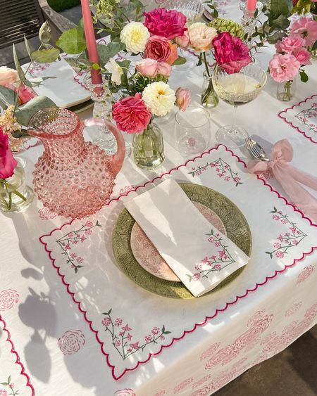End of summer tablescape full of garden roses, block printed linens and pink and green  

#LTKeurope #LTKhome #LTKunder50