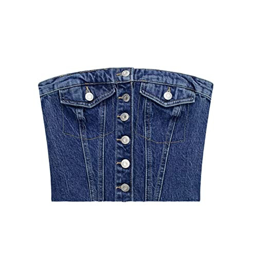 Women Denim Crop Top Tube Backless Off Shoulder Crop Top Bustier Button Up Sexy Sleeveless Denim Corset Top, Dark Blue, M | Amazon (UK)