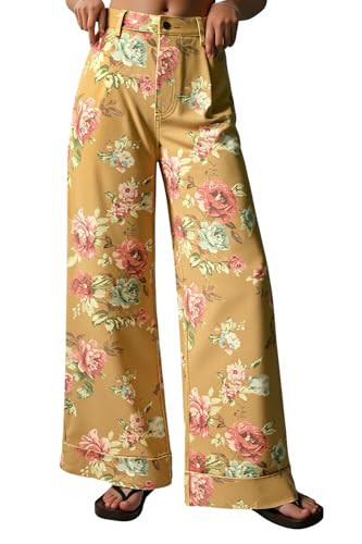 Cicy Bell Women's Floral Baggy Wide Leg Jeans Casual High Waisted Boyfriend Vintage Boho Denim Pants with Pockets Khaki | Amazon (US)