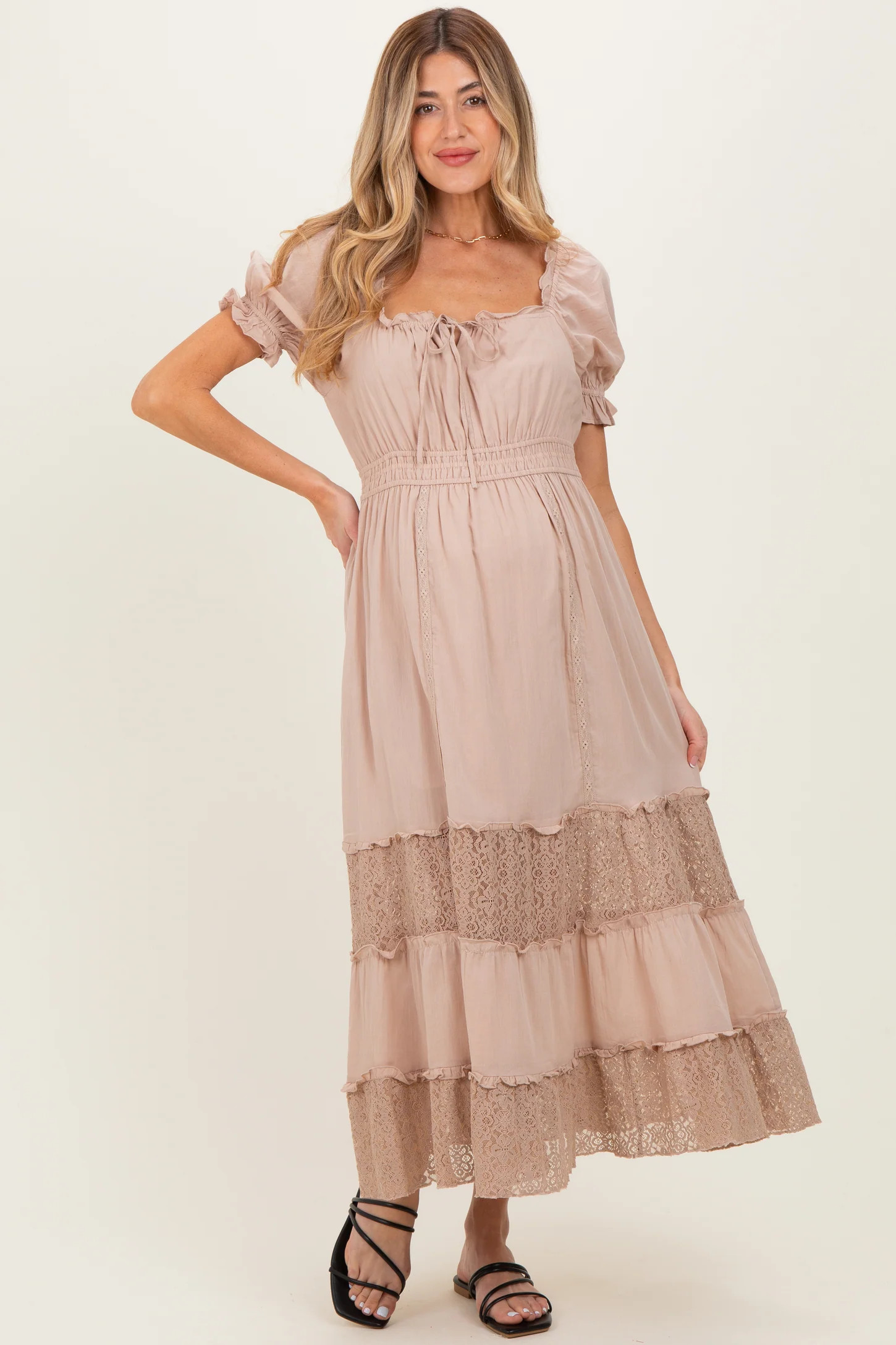 Taupe Lace Contrast Paneled Maternity Maxi Dress | PinkBlush Maternity