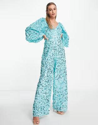 ASOS DESIGN embellished big sleeve wide leg jumpsuit in turquoise sequin | ASOS (Global)