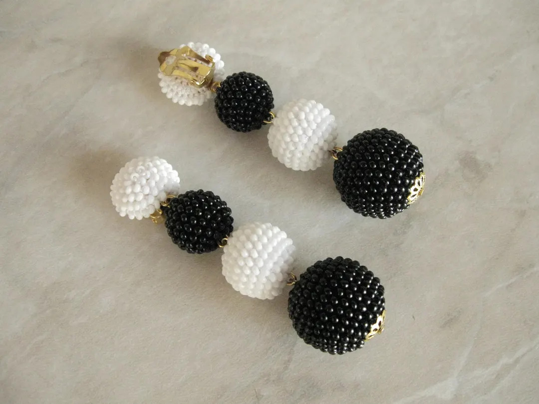 Black White Bon Bon Earrings Clips/studs, Beaded Balls White Black Earrings, Black White Round Ea... | Etsy (Global)