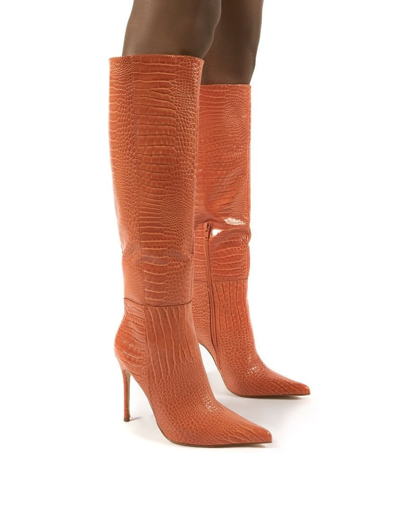 Aimi Orange Croc Knee High Stiletto Heel Boots | Public Desire (US & CA)