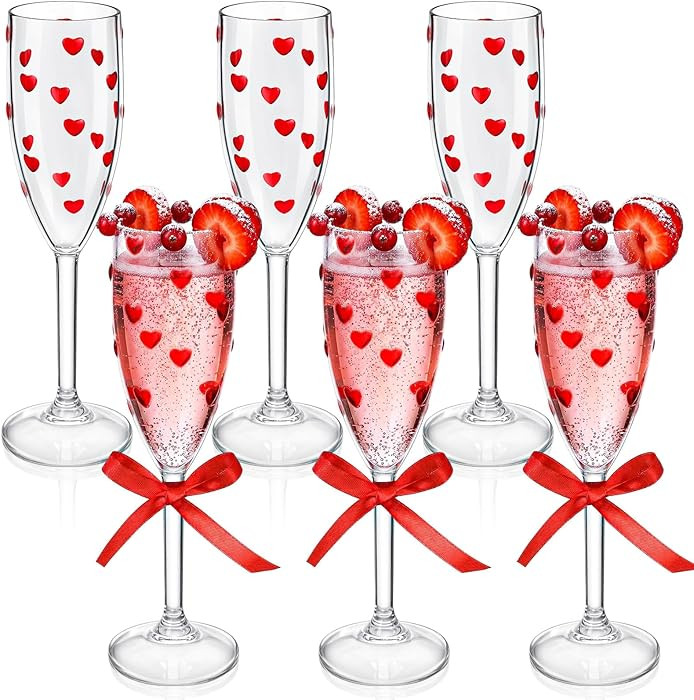 6 Pack Valentines Day Heart Shaped Champagne Flutes 6.5 oz Clear Red Hearts Plastic Champagne Flu... | Amazon (US)