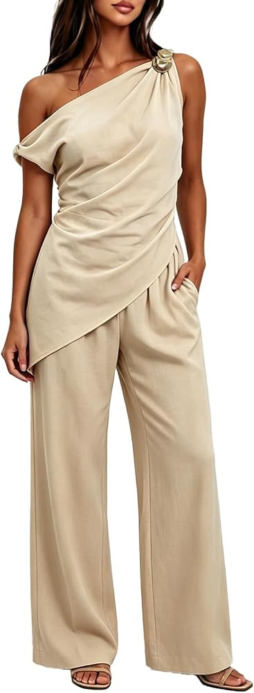 MAKABO Women's 2 Piece Sets Short Pants Matching Set with One-Shoulder Top Summer Casual Vacation... | Amazon (US)