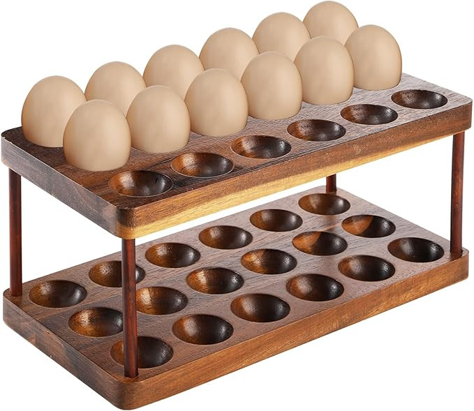 YOUEON Acacia Wooden Egg Holder with Double Layers, Wooden Egg Tray Holds 36 Fresh Egg, Deviled E... | Amazon (US)