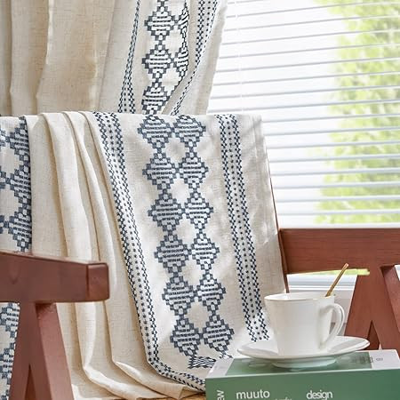 jinchan Boho Curtains Linen Curtains Beige Farmhouse Curtains 96 Inches Long for Living Room Blue... | Amazon (US)