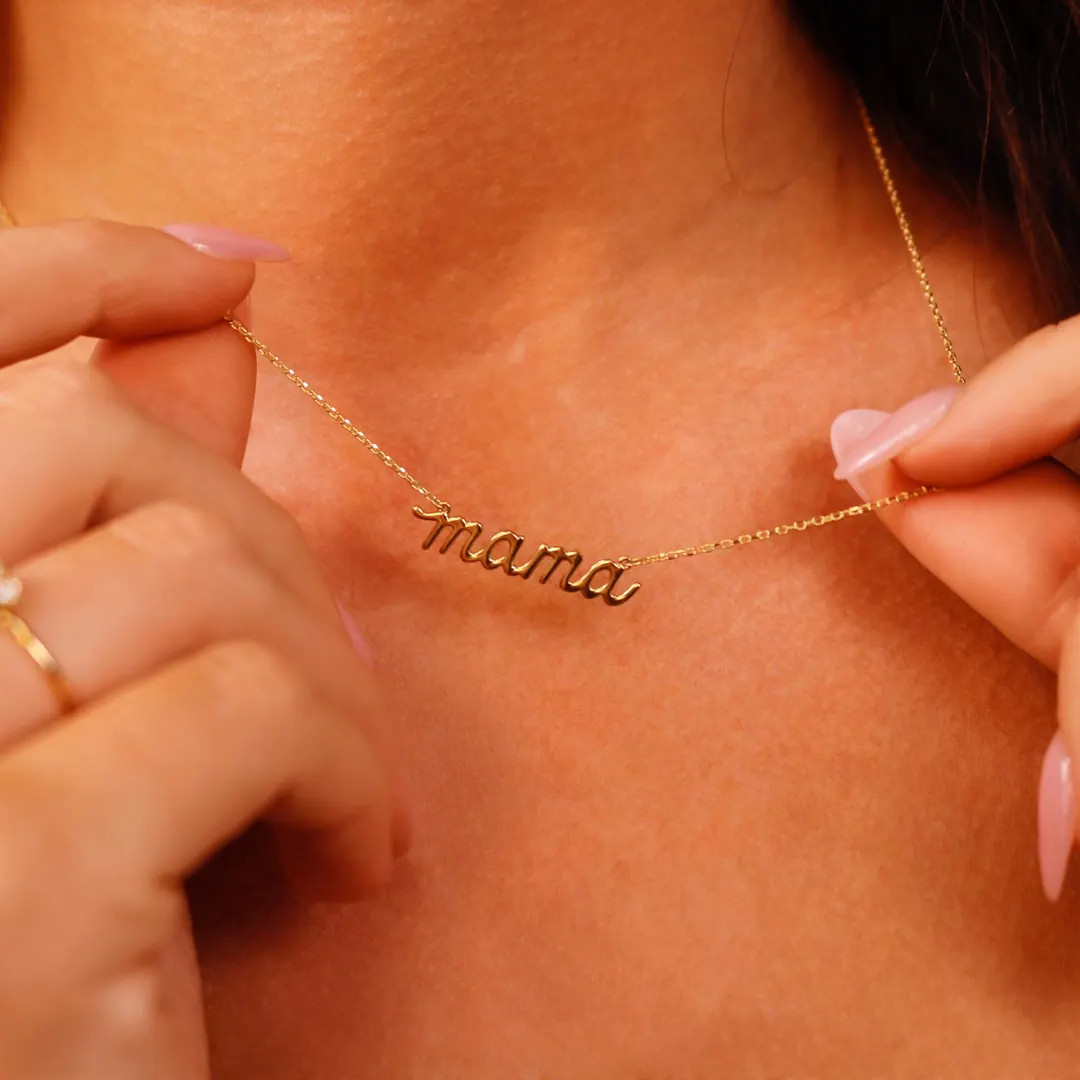 Mama Necklace 14k Solid Gold, Mama Script Necklace, Solid Gold Mama Necklace, Mom Baby Shower Gif... | Etsy (US)
