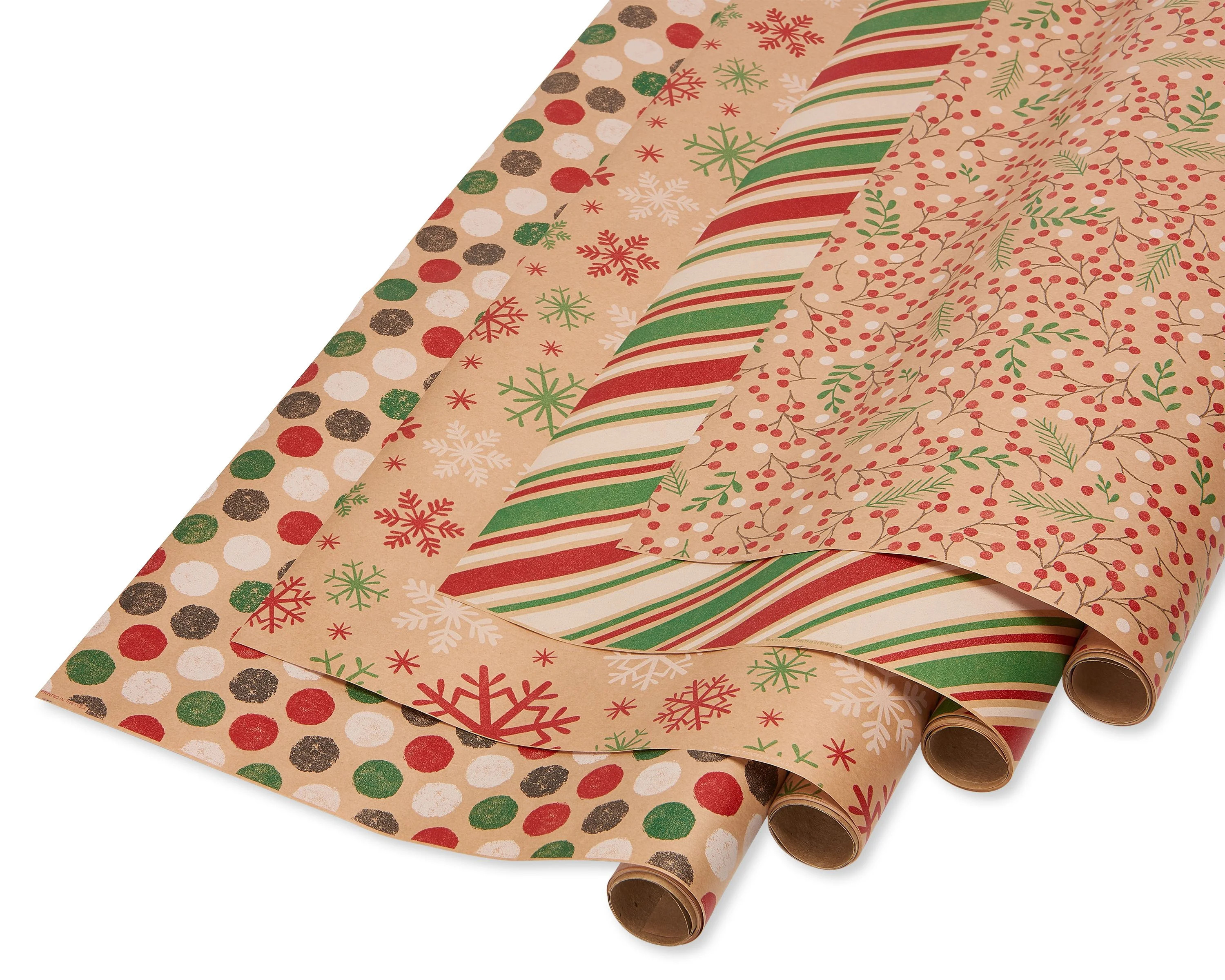 American Greetings Winter Wrapping Paper, Red, Green and Kraft (4 Pack, 80 sq. ft.) | Walmart (US)