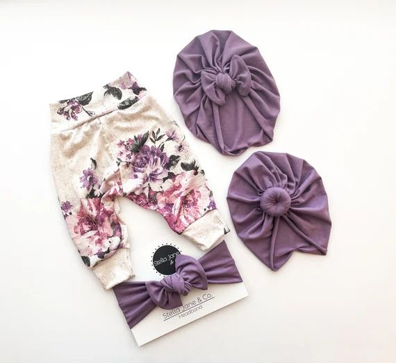 Baby leggings, Mauve Floral leggings in Lucy Floral and Purple turban, Baby pants, Girl Leggings,... | Etsy (US)