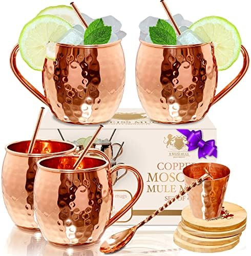 [Christmas Gift Set] 100% Pure Copper Moscow mule mugs, Set Of 4 copper cups for drinking Each Mug i | Amazon (US)