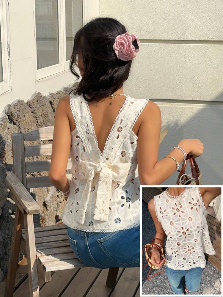 Serisse Women's Solid Color Cream Boho Eyelet Embroidery Floral Hollow Out Crew Back Big Bow Tie Scallop Trim Sleeveless Tank Top,Straps And A Bow Tie At The Back. A Chic And Unique Top Perfect For Summer Vacations, Casual Wear, Dates, And Everyday Occasions. Open Back Tops,Cute Women's Tops Holiday Resort,Summer Tops | SHEIN