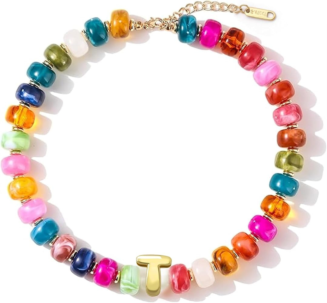Chunky Colorful Initial Necklace for Women Beaded Letter Choker Necklace Handmade Trendy Summer B... | Amazon (US)