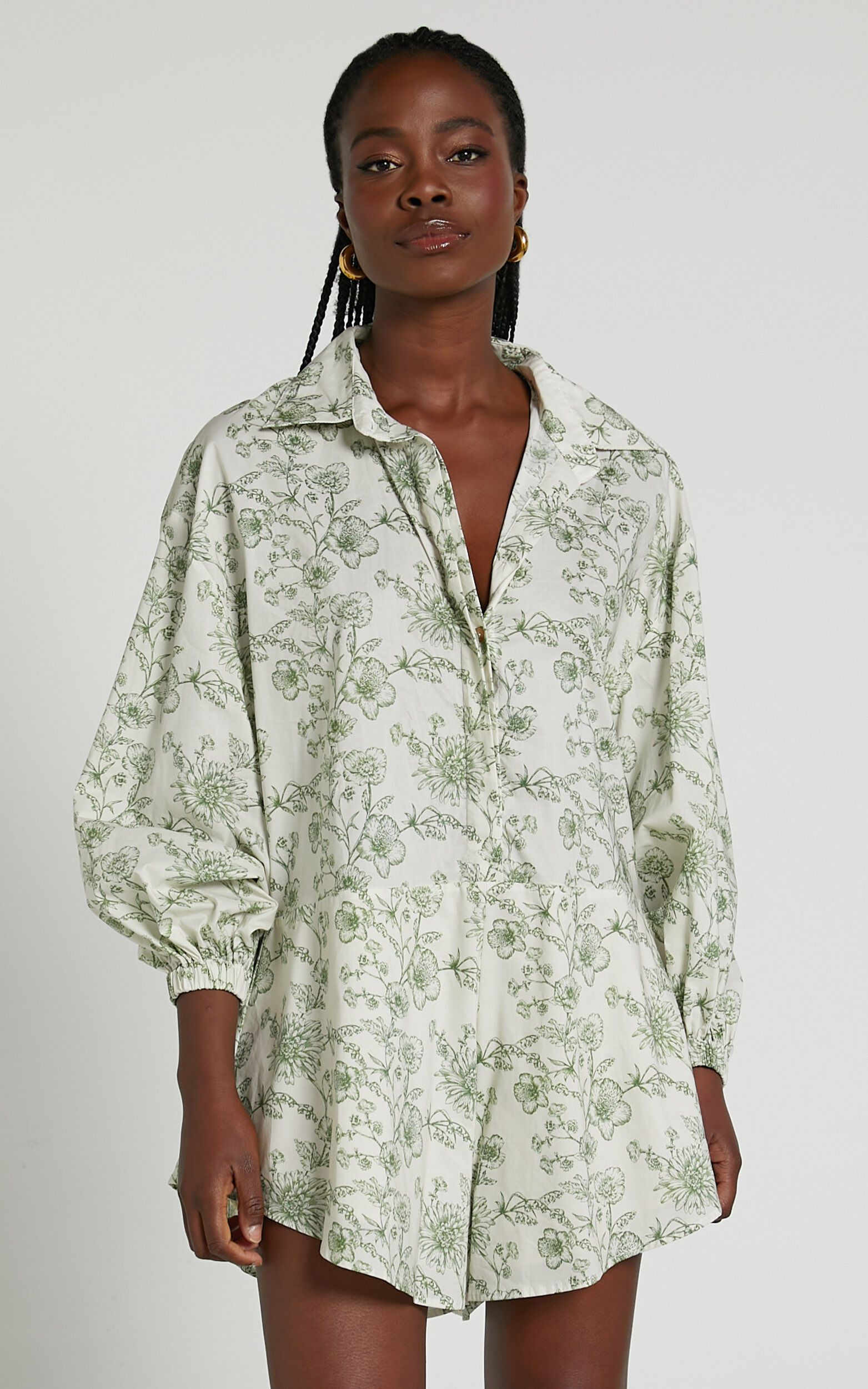 Anka Playsuit - Relaxed Button Front Shirt Playsuit in Green Floral | Showpo (US, UK & Europe)